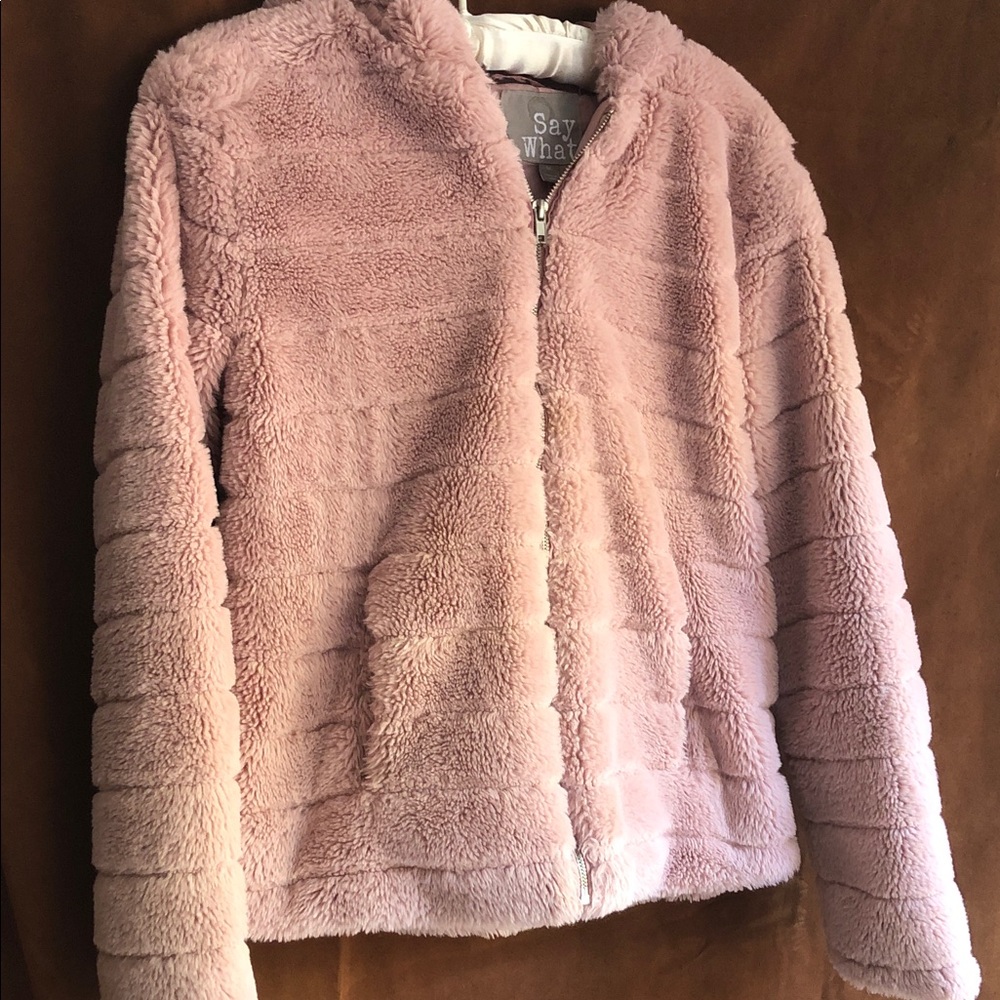 Say What? Plush Teddy Zip Jacket in Blush Pink